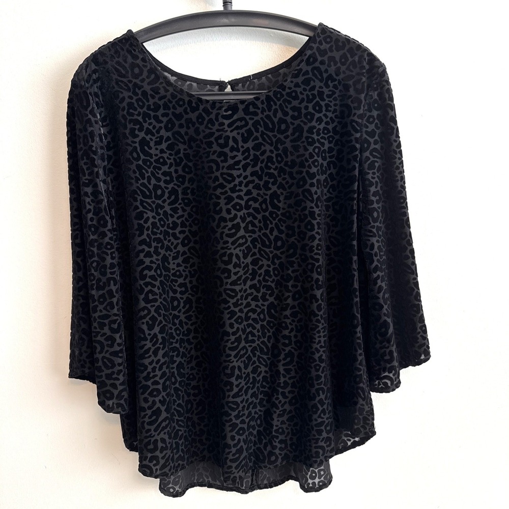 Black Leopard Burnout Velvet Bell Sleeve Top Sz L Keyhole Back Sheer Whimsigoth